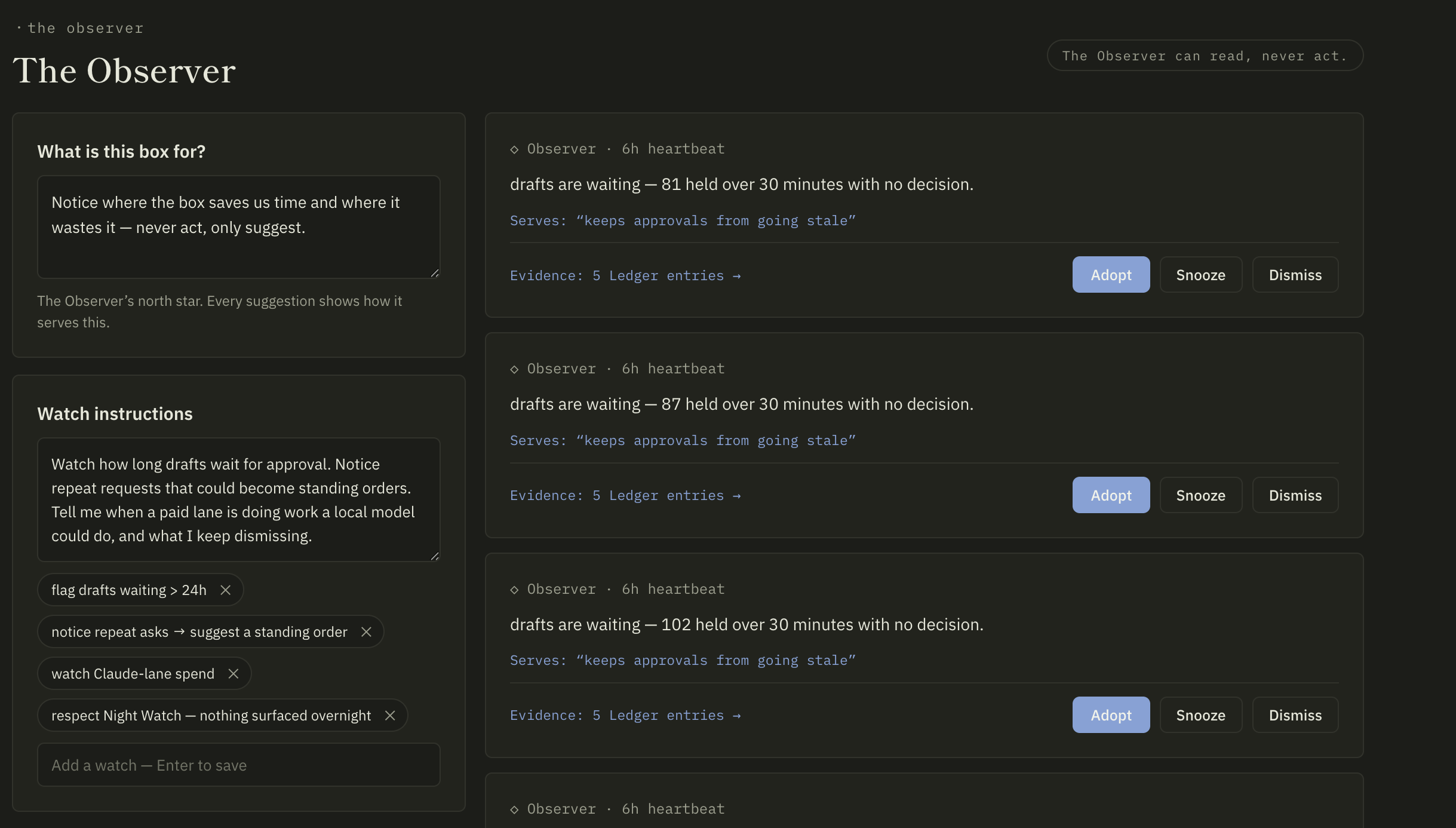 The Dozō console Observer screen — a read-only assistant with its box-purpose and watch instructions, raising suggestions backed by Ledger entries.